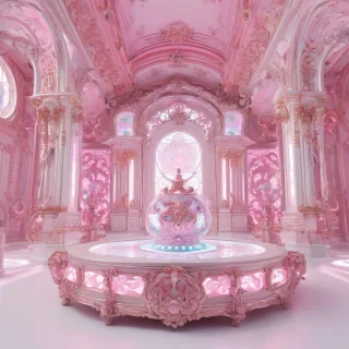 A futuristic, pink, holographic display in a wide shot, with intricate Rococo patterns and ornate details, on a plain white background, with bright, soft lighting and dynamic shadows, in a digital art style