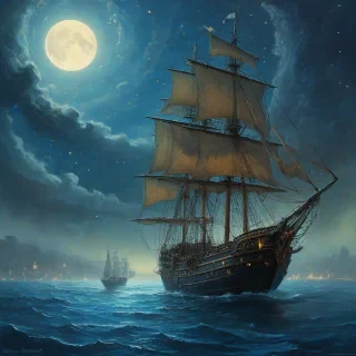Ethereal Marc Simonetti style: crescent moon, starry night sky, blue steampunk sail ship in mist