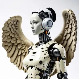 A Greek style statue of a cyberpunk angel. She is wearing headphones and half of her head is shaved and she has robotic wings