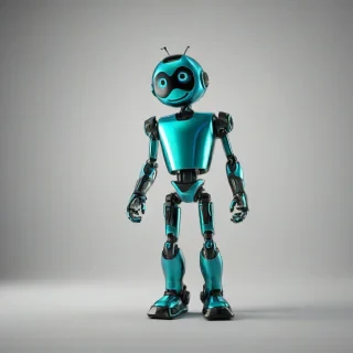 A high-contrast, detailed, full-body view of a smiling, robotic, emoji character with a blue and green metallic body, standing on a plain white background, with a wide-angle shot and dynamic shadows, in a digital art style with bold lines and vibrant colors, on a plain white background, even lighting 