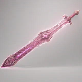 a detailed, pink, fantasy sword with intricate designs and glowing runes, in a full-body view, on a plain white background, with a wide shot and feet visible, in the style of digital art, on a plain white background, even lighting 