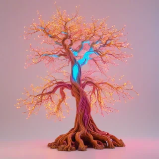 A full-body view of a vibrant, neon-lit enchanted tree, with a synthwave aesthetic, set against a plain white background, incorporating amber hues and a futuristic glow, with intricate details and patterns, in a wide shot, with the tree's roots and branches fully visible, on a plain white background, even lighting 