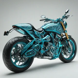 A full-body view of a Cyan, Gothic-style, futuristic motorcycle, with intricate engravings and ornate details, set against a plain white background, with a wide-angle shot and soft, natural lighting, in a digital art style with bold lines and vibrant colors, on a plain white background, even lighting