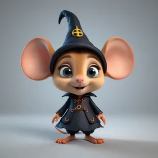 3d cartoon animation, cute mouse, wearing a witch's outfit, big eyes, rounded features, short body, tiny nose, tiny feet, vivid colors, wide angle shot, feet visible, on a plain white background, even lighting