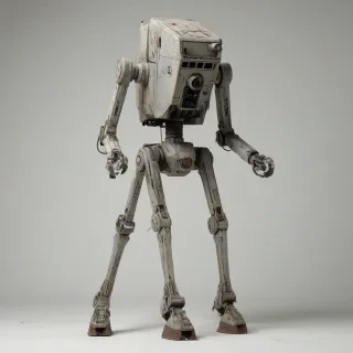 A World War 2 era AT-ST walker from Star Wars, with a full-body view, on a plain white background, in a wide shot, with visible feet, and a worn, battle-damaged appearance, in the style of Vietnam war equipment, with a muted color palette and dynamic shadows, and a sense of grit and realism, with the rocket launchers of the arms replaced with artillery rocket racks, and a focus on the lower half of the walker, including its feet, on a plain white background, even lighting