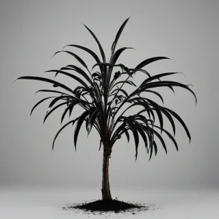 A black, Victorian-style plant with dark, glossy leaves and intricate, ornate details, set against a plain white background, in a wide shot with the entire plant visible, including the roots and the soil, with a dramatic, high-contrast lighting effect and a sense of mystery and elegance, on a plain white background, even lighting