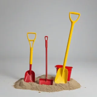 yellow kid's sand shovel and red sand bucket, on a plain white background, even lighting