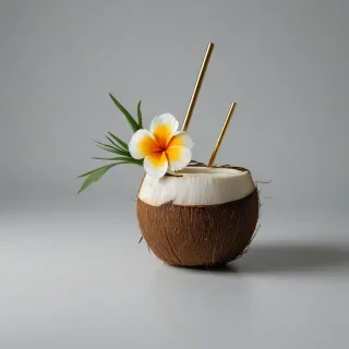 cocktail inside a coconut with a straw and a flower in it, on a plain white background, even lighting