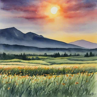 Watercolor of a sunset over a field with mountains in the horizon