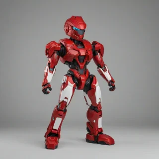 a red mecha suit, funko pop style, on a plain white background, even lighting