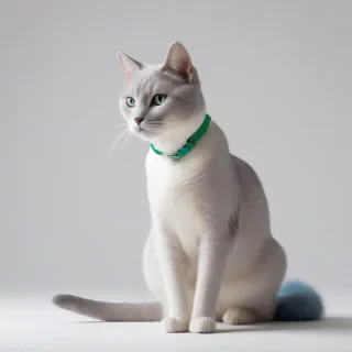 A full-body view of a pet, Sapphire, a sleek and modern cat with short, silver-blue fur and piercing green eyes, sitting on a plain white background, with a minimalist, modernist-inspired collar around its neck, in a wide shot, with its feet visible, in a digital art style, with bold lines and geometric shapes, and a subtle gradient effect in the background, on a plain white background, even lighting 