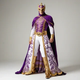 A full-body view of a superhero costume, intricately designed in a Baroque style with a predominantly purple color scheme, featuring gold accents and ornate patterns, on a plain white background, with the costume including a flowing cape and a mask, in a wide shot, on a plain white background, even lighting 