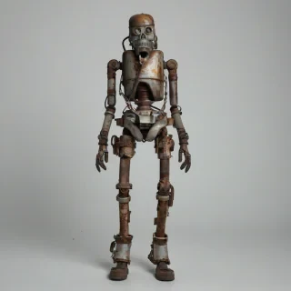 A distressed, worn looking metal dolly with a propane tank strapped to it, full-body view, on a plain white background, with a close-up shot of the rusty metal and frayed straps, in a post apocalyptic style, full body visible, on a plain white background, even lighting