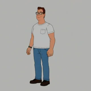 Hank Hill, a significantly overweight propane salesman from the cartoon King of the Hill, wearing his signature white shirt and jeans, standing in front of a white background with a full-body view, with a wide shot, and a friendly smile, in a digital illustration style with bold lines and vibrant colors, on a plain white background, even lighting