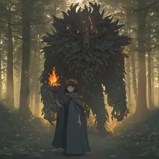 2d cartoon animation art style of a woodland guardian with a crown of wood and a cloak of dark leaves, the guardian is holding its hand out to a young girl, the hand has a large burst of fire coming out of it, the girl has short hair and her back is turned to the camera, fantasy vibes, forest setting, dark lighting, glowing eyes, deep shadows, digital painting aesthetic, 2d imagery, limited color palette of mostly greys and browns, simple character and setting design, simple shapes, 2d drawn look