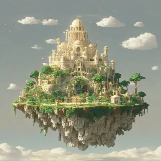 A beautiful, serene floating island made entirely of ivory, with intricate pixel art details and a soft, warm glow, set against a plain white background, in a wide shot with the entire island visible, full-body view, with a bright, sunny sky and a few puffy white clouds, in a fantasy, dreamlike atmosphere, with a sense of magic and wonder, on a plain white background, even lighting