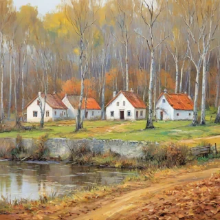 Village in woods, impressionism style, warm colors, full-body view, plain white background