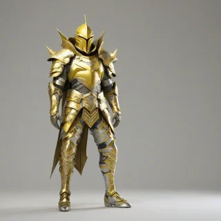 A full-body view of a single, intricately designed piece of yellow fantasy armor, with a metallic sheen, on a plain white background, in a wide shot, with the armor's details and textures prominently visible, in a digital art style with dynamic shadows and a soft, diffused lighting