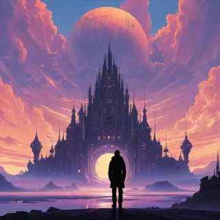 Andreas Rocha and Syd Mead art style, royal alien silhouette stares at regal space palace with fluffy pastel clouds