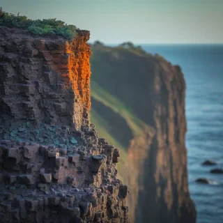 An oceanside cliff of basalt columns in bokeh photography style, using only the colors orange, purple, teal, and green, with the sky visible and a subtle gradient of colors to give a sense of depth.