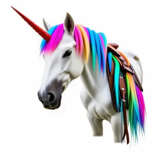 A unicorn with rainbow hair wearing a saddle