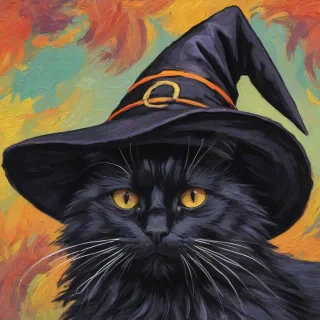 Fauvism style of a black cat wearing a witch hat witch hat tilted at a 45-degree angle, cat's fur textured and fluffy