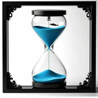 An hourglass with half of the sand in the top and half in the bottom. The sand is actually blue ocean water with tiny tiny little fish in it. The hourglass is in a black frame with nautical themed serpents and octopi engraved into the frame.