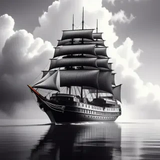 A large, majestic ship with billowing gray sails and a sturdy hull, set against a plain white background, in a fantasy realism style, with intricate details and textures, full-body view, with the ship's reflection visible on the calm water, under a cloudy gray sky with a hint of mist, wide shot, with the ship's mast and sails visible in their entirety