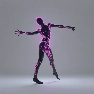 a ghost, black, synthwave, full-body view, dark neon lights, misty atmosphere, plain white background, high-contrast colors, digital art style, arms stretched out to its sides, on a plain white background, even lighting
