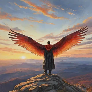 A watercolor painting of a man with extremely baggy clothes, standing on a mountain top with a beautiful sunset and wispy clouds in the background, his wingspan 6 times his height, using the colors red, orange, yellow, and black, with fully formed feathered wings.