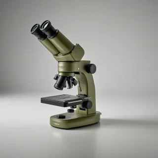A photorealistic, full-body view of a microscope, with an olive-green finish, on a plain white background, with a wide-angle shot, and dynamic shadows, in the style of a product photography, with a shallow depth of field, and a slight backlight to accentuate the details of the equipment, on a plain white background, even lighting 
