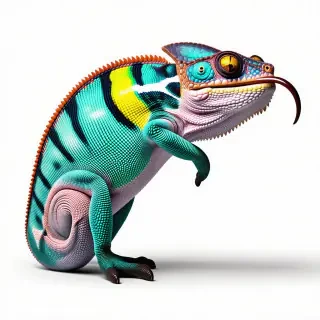 A colorful chameleon in a full-body view, with its long tongue retracted into its mouth, on a plain white background, in a wide shot, with the chameleon's feet visible, in a realistic illustration style with dynamic shadows and a soft, natural light