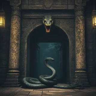 giant snake guarding doorway in dark temple, digital art style