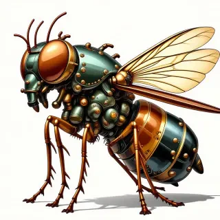 A stylized, full-body view of a dieselpunk-themed insect, Olive, with a metallic exoskeleton, copper accents, and visible gears, set against a plain white background, with a warm, golden lighting and subtle, dynamic shadows, in the style of a digital illustration with bold lines and vibrant colors