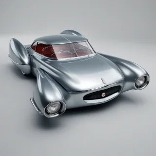 A sleek, silver, retro-futuristic transportation device, reminiscent of a 1950s concept car, with bold, bright, pop art colors, in a wide shot, with the entire device visible, including wheels and headlights, on a plain white background, even lighting