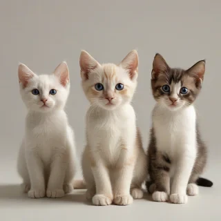 Three adorable kittens, one is a Siamese kitten, another one is a white kitten, and the third one is a calico kitten,  full-body view, wide shot, feet visible, sitting on a plain white background, with soft natural lighting, and a warm color palette, in a digital illustration style