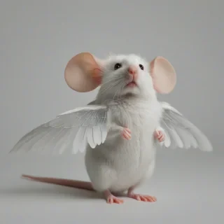 mouse with white bird wings, on a plain white background, even lighting 