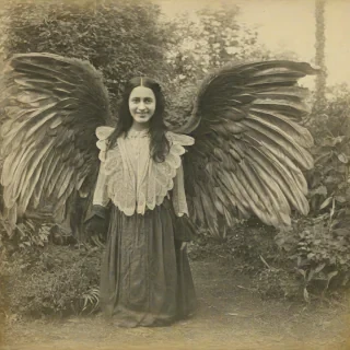 An old and distorted photograph of a woman with silky black hair and large eyes and large realistic angel wings growing from her back, she is smiling slightly as she poses for the photograph, the quality of the image is grainy and some parts of the image have black spots from damage, the background is a peaceful garden, the woman is wearing Victorian era clothing
