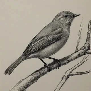 Sketch drawing of a small bird on a tree branch