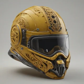 A highly detailed, hyperrealistic, full-body view of a helmet, with a vibrant, mustard-yellow color, on a plain white background, with precise lighting and shadows, and intricate textures