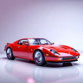 A full-body view of a sleek, ruby red, vintage sports car with a vaporwave aesthetic, set against a plain white background, with neon lights reflecting off its glossy surface, and a wide-angle shot to capture its curves and lines, in a digital art style with vibrant, pastel colors and subtle gradients