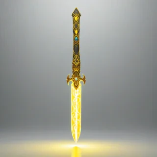 A futuristic, yellow, Afrofuturism-themed energy sword with intricate, swirling patterns and a glowing blade, set against a plain white background, in a wide shot with the hilt and blade fully visible, in the style of a digital illustration with bold lines and vibrant colors, on a plain white background, even lighting