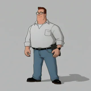 Hank Hill, a significantly overweight propane salesman from the cartoon King of the Hill, wearing his signature white shirt and jeans, standing in front of a white background with a full-body view, with a wide shot, and a friendly smile, with his body partially covered in a high-tech mecha battle armor that is sleek and metallic, in a digital illustration style with bold lines and vibrant colors, on a plain white background, even lighting