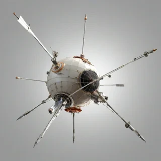 A detailed, full-body view of Sputnik, the Soviet satellite, on a plain white background, with a wide-angle shot, and a hard rim light, in a digital art style, with dynamic shadows, on a plain white background, even lighting 