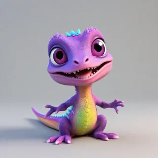 3d cartoon animation, one animal that has a mix of a baby gecko and a baby dragon, bright pink and purple colors and vivid colors, large eyes, short body, round features, tiny nose, tiny feet, cute, happy expression on its face, only one in the shot, full body visible, on a plain white background, even lighting