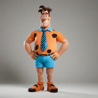 Fred Flintstone, full-body view, feet visible, standing in front of a plain white background, wearing his signature orange and black clothing, with a blue tie, with a big smile on his face, in a cartoonish style, with bold lines and bright colors, wide shot, dynamic shadows, and a slight backlight to highlight his iconic character design, on a plain white background, even lighting 
