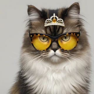 Tortoiseshell Persian cat, fuzzy, black, beige, and white fur, yellow eyes, trendy sunglasses, sparkly tiara, plain white background, digital illustration, on a plain white background, even lighting