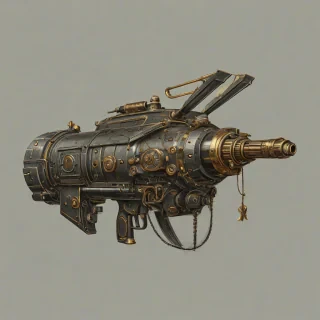 A intricately designed dieselpunk-inspired weapon, with brass and copper accents, set against a plain white background, rendered in a charcoal sketch style, with fine lines and shading, full-body view, wide shot, with visible textures and details, in a vintage, industrial atmosphere, with a sense of nostalgia and innovation, on a plain white background, even lighting