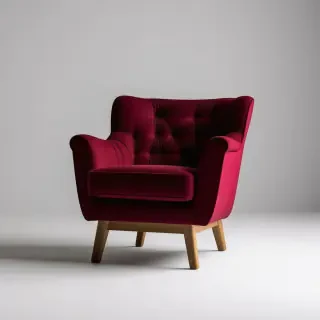 A wide shot of a brutalist-style maroon armchair with a sturdy, geometric base, tufted backrest, and a cushioned seat, with a light wood base, set against a plain white background, with dramatic shadows and a sense of industrial chic, in the style of a digital illustration