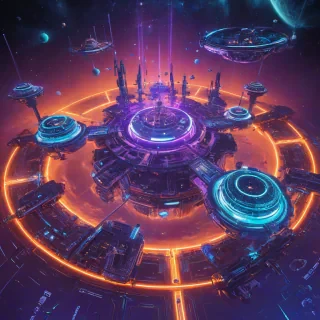 A 3D animated, isolated floating space island, illuminated in neon purple, teal, and blue colors, with vibrant orange accents, suspended in the vastness of space, under bright lighting, captured in a wide angle shot, full-body view of the island, floating in the vastness of space, with space ships flying around in a spacepunk style, with a sense of depth and dimensionality, and a slight glow effect to enhance the neon colors